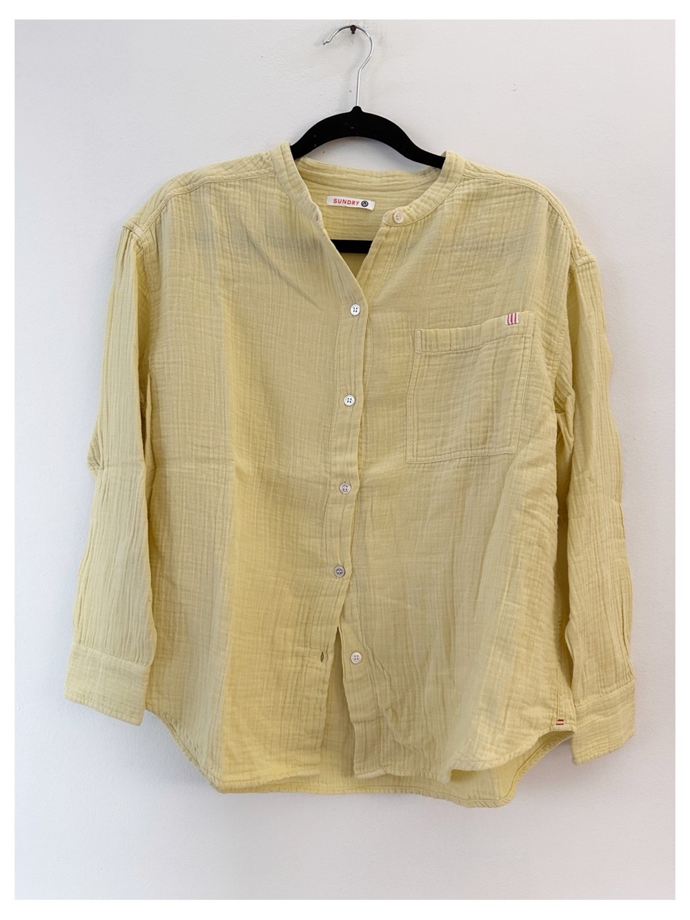 NWOT SUNDRY Cotton Gauze Shirt Yellow Mandarin Collar Button Down Long Sleeve S
